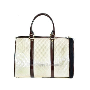 JL Duffel Tote Carrier- Ivory Quilted Luxe with Brown Shiny Trim - Posh Puppy Boutique