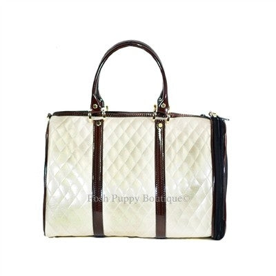 JL Duffel Tote Carrier- Ivory Quilted Luxe with Brown Shiny Trim