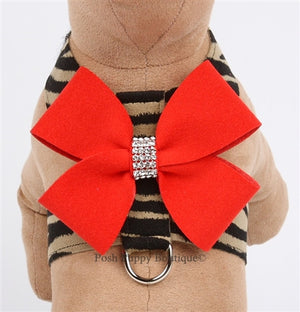 Susan Lanci Contrasting Nouveau Bow Tinkie Harness- Serengeti with Red Pepper - Posh Puppy Boutique