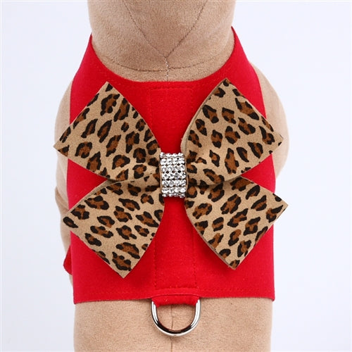 Susan Lanci Contrasting Nouveau Bow Bailey Harness- Red/Cheetah