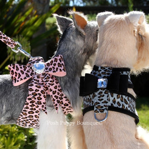 Susan Lanci Platinum Cheetah Tinkie Harness- Contrasting Black Nouveau Bow - Posh Puppy Boutique