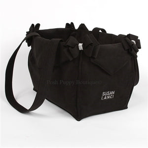 Susan Lanci Luxury Purse Carrier Collection- Ultrasuede Black Nouveau Bow - Posh Puppy Boutique
