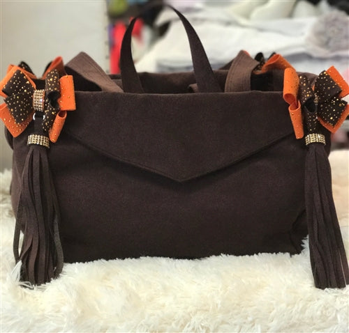 Susan Lanci Luxury Purse Carrier Collection- Ultrasuede in Cholocate and Orange Nouveau Bow