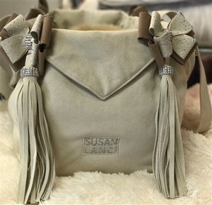 Susan Lanci Luxury Purse Carrier Collection- Ultrasuede in Doe and Fawn Nouveau Bow - Posh Puppy Boutique