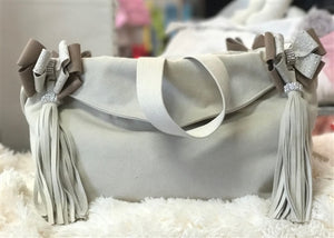 Susan Lanci Luxury Purse Carrier Collection- Ultrasuede in Doe and Fawn Nouveau Bow - Posh Puppy Boutique