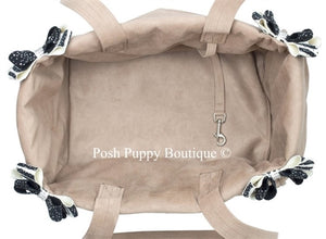 Susan Lanci Luxury Purse Carrier Collection- Ultrasuede in Fawn and Serengeti Nouveau Bow - Posh Puppy Boutique