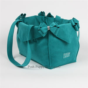 Susan Lanci Luxury Purse Carrier Collection- Ultrasuede Montego Blue Nouveau Bow - Posh Puppy Boutique
