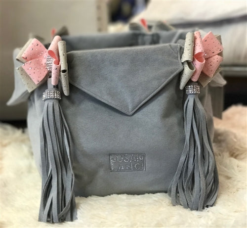 Susan Lanci Luxury Purse Carrier Collection- Ultrasuede in Platinum and Puppy Pink Nouveau Bow