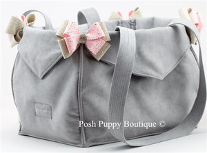 Susan Lanci Luxury Purse Carrier Collection- Ultrasuede in Platinum and Puppy Pink Nouveau Bow - Posh Puppy Boutique
