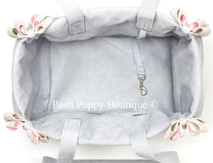 Susan Lanci Luxury Purse Carrier Collection- Ultrasuede in Platinum and Puppy Pink Nouveau Bow - Posh Puppy Boutique