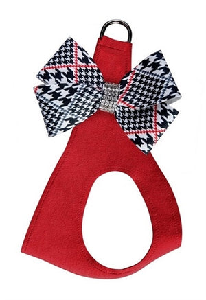 Susan Lanci Classic Glen Houndstooth Nouveau Bow with Red Pepper Step In Harness - Posh Puppy Boutique