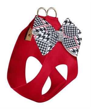 Susan Lanci Classic Glen Houndstooth Nouveau Bow with Red Pepper Step In Harness - Posh Puppy Boutique