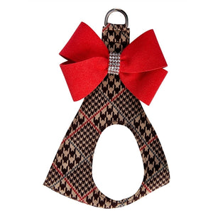 Susan Lanci Chocolate Glen Houndstooth with Red Pepper Nouveau Bow Step In Harness - Posh Puppy Boutique