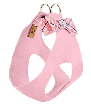Susan Lanci Peaches N Cream Glen Houndstooth Big Bow Puppy Pink Step In Harness - Posh Puppy Boutique