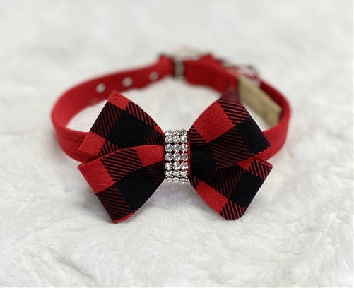 Susan Lanci Red Gingham Nouveau Bow Ultrasuede Collar
