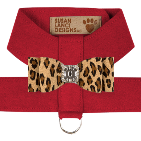Susan Lanci Two Tone Big Bow Tinkie Harness in Red and Cheetah Bow