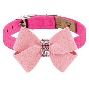 Susan Lanci Plain Perfect Pink Ultrasuede Dog Collar With Puppy Pink Nouveau Bow