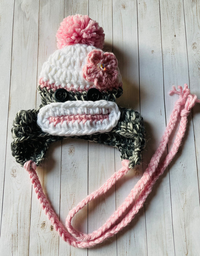 Couture Knit Hat- Pink Sock Monkey with Flower
