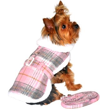 Sherpa-Lined Dog Harness Coat - Pink & White Plaid